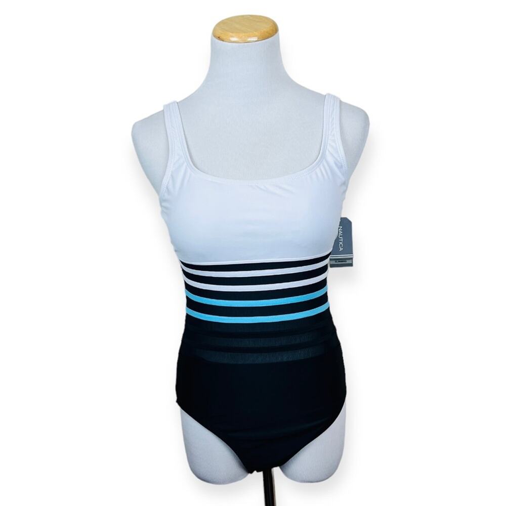 NAUTICA Striped Mesh Panel Scoop Back Full Coverage One Piece Swimsuit MED NWT